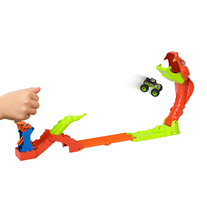 Hot Wheels Monster Trucks Mordedura De Serpiente JJN44 - Juguete de Coches a Escala 1:64 con Pista de Salto y Figura de Serpiente para Niños +4 Años