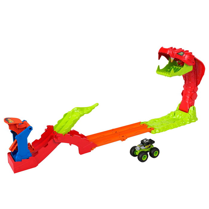 Hot Wheels Monster Trucks Mordedura De Serpiente JJN44 - Juguete de Coches a Escala 1:64 con Pista de Salto y Figura de Serpiente para Niños +4 Años