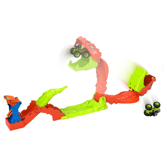 Hot Wheels Monster Trucks Mordedura De Serpiente JJN44 - Juguete de Coches a Escala 1:64 con Pista de Salto y Figura de Serpiente para Niños +4 Años
