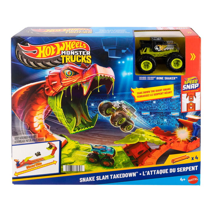 Hot Wheels Monster Trucks Mordedura De Serpiente JJN44 - Juguete de Coches a Escala 1:64 con Pista de Salto y Figura de Serpiente para Niños +4 Años