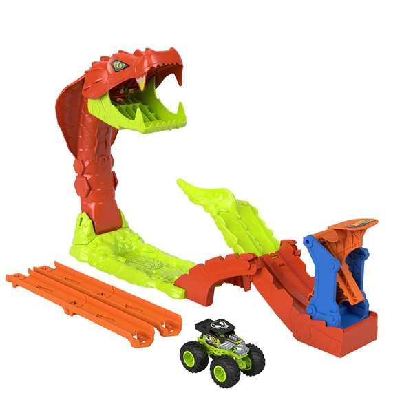 Hot Wheels Monster Trucks Mordedura De Serpiente JJN44 - Juguete de Coches a Escala 1:64 con Pista de Salto y Figura de Serpiente para Niños +4 Años