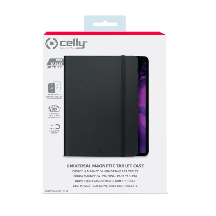 Celly UNIMAGTAB11 Funda Folio Universal para Tabletas hasta 11" (27,9 cm) - Negro, Piel Sintética, con Soporte y Bolsillos