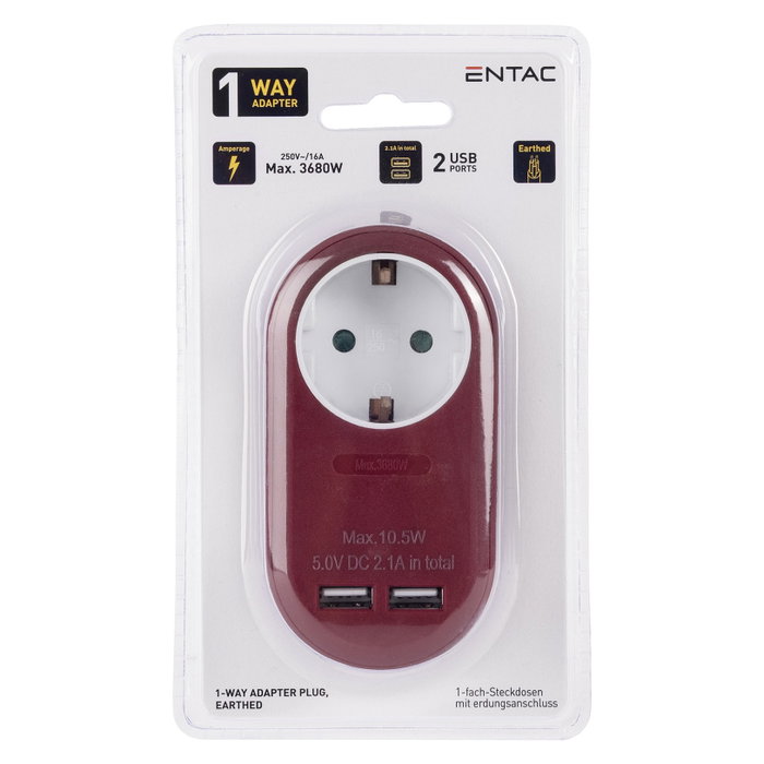 ENTAC Adaptador de enchufe EPAG-1EE-2USB-BR con 2x USB-A Borgoña