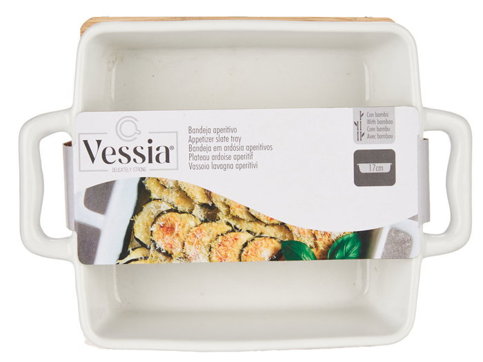 Vessia Bandeja Cuadrada con Base de Bambú y Cerámica Blanca/Natural 17.5 x 13 x 6 cm (Set de 24)