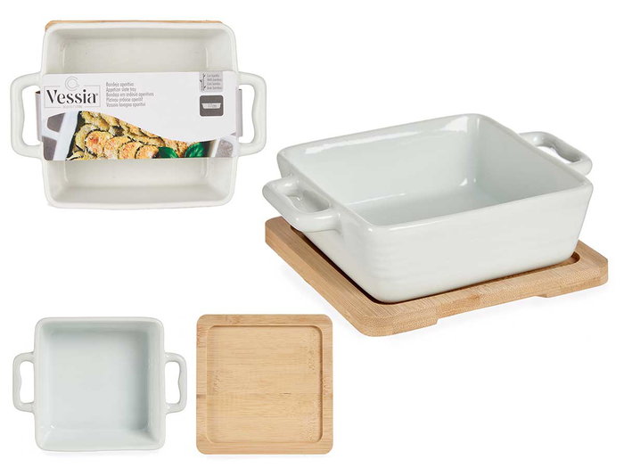 Vessia Bandeja Cuadrada con Base de Bambú y Cerámica Blanca/Natural 17.5 x 13 x 6 cm (Set de 24)