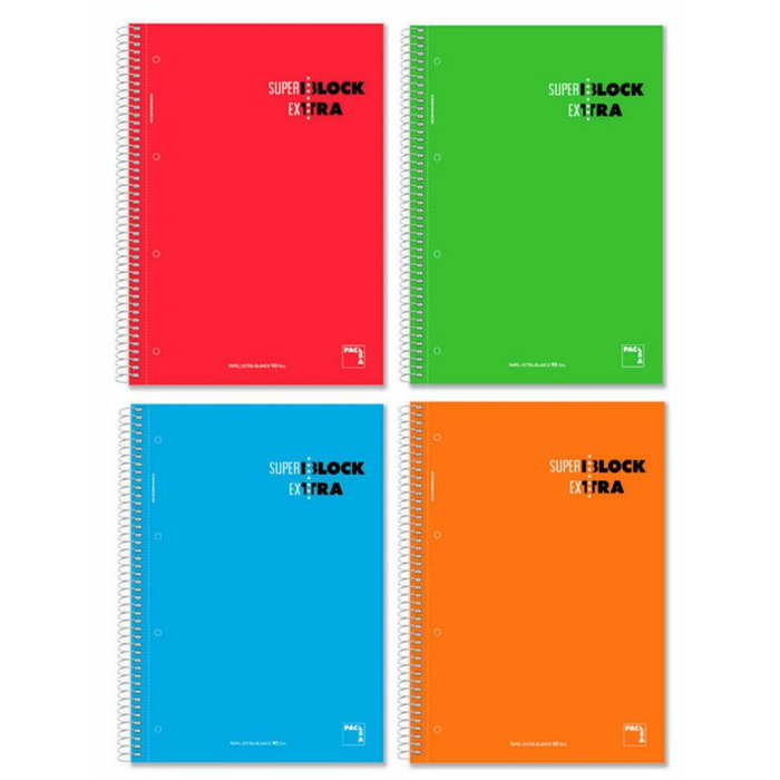 Pacsa Pack 4 Cuadernos Superblock Extra A4 90gr 5x5 con Greca y Tapa Dura Surtidos