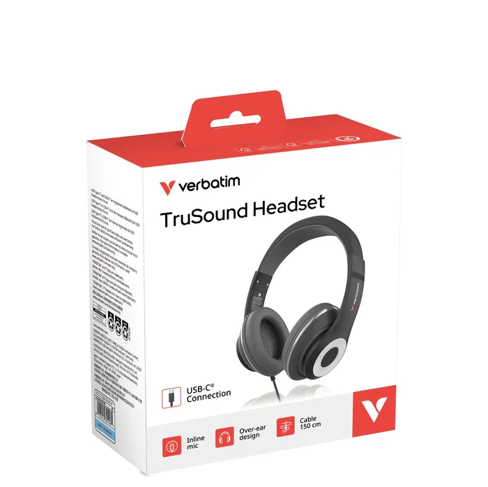 Verbatim Auriculares con Micrófono Integrado USB Tipo C - Diadema Circumaural para Música y Uso Diario, Negro, Modelo 30198