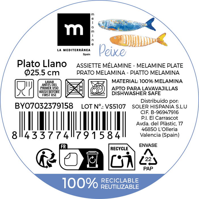 La Mediterranea Plato Llano Melamina Brillo Peixe 25.5cm La Mediterranea Plato Llano Melamina Brillo Peixe 25.5cm