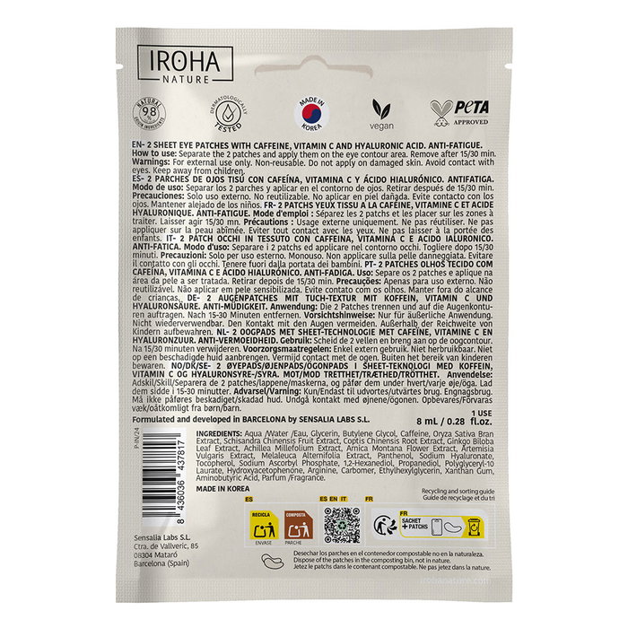Iroha Parches Contorno de Ojos con Cafeína Antifatiga - K-Beauty - 8 ml