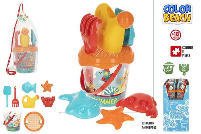 Color Baby Cubo Playa 18 cm Summer Sea con Pala, Rastrillo y Regadera en Red
