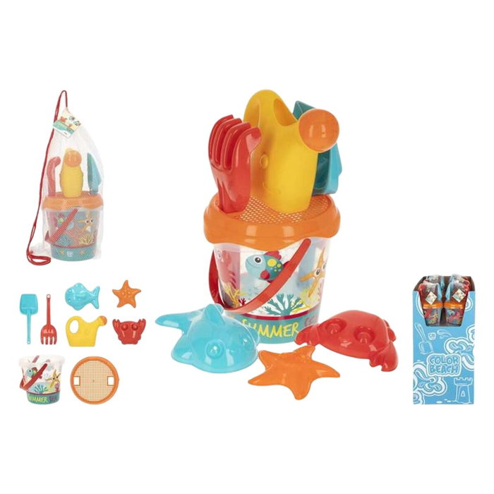 Color Baby Cubo Playa Summer Sea con Pala, Rastrillo y Regadera en Red de 18 cm Color Baby Cubo Playa Summer Sea con Pala, Rastrillo y Regadera en Red de 18 cm