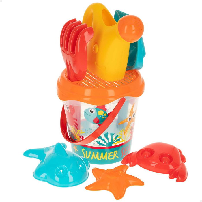 Color Baby Cubo Playa Summer Sea con Pala, Rastrillo y Regadera en Red de 18 cm Color Baby Cubo Playa Summer Sea con Pala, Rastrillo y Regadera en Red de 18 cm