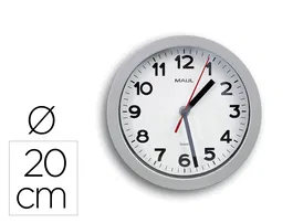 Maul Reloj de Pared Eléctrico Redondo 20 cm Diámetro, Marco de Plástico, Cristal Mineral, Cuarzo, Color Plata