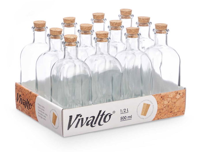Vivalto Frasca Vidrio 500 ml con Tapón de Corcho - Dimensiones 7 x 20 x 7 cm (Set de 36)