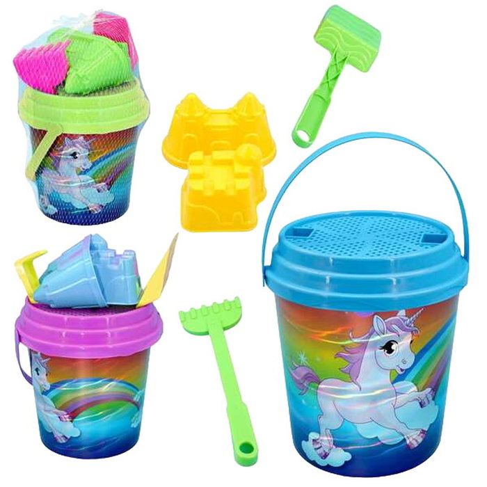 Juinsa Cubo De Playa Láser Unicornio con Pala, Rastrillo, Moldes y Cedazo