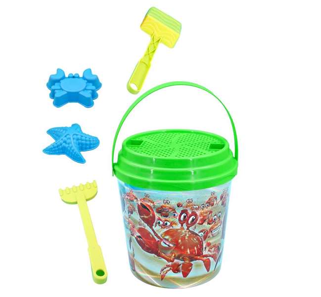 Juinsa Cubo de Playa Láser Unicornio con Pala, Rastrillo, Moldes y Cedazo 21 x 20 cm - Modelos Surtidos