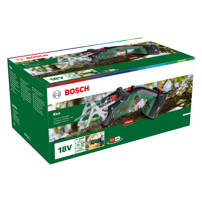 Bosch KEO Sierra de Poda Inalámbrica a Batería 18V, Hoja 8 cm, 2300 SPM, Color Verde, Con Empuñadura Cilíndrica, 1.4 kg, Modelo Akku-Astsäge