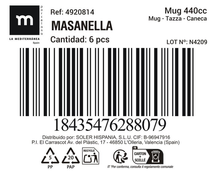Inde Taza Jumbo Masanella de 440 cc (18 unidades)