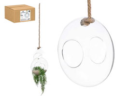 Giftdecor Jarrón Bola Colgar Cuerda Abombado Pequeño Vidrio y Cáñamo Transparente y Marrón 20 x 20 x 10 cm (Set de 8)