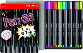 STABILO Pen 68 Black Edition con 15 Rotuladores en Caja Metálica