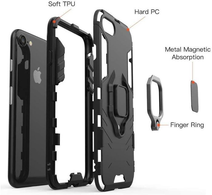 CoreParts Funda iPhone XR, Funda Militar Anti-Caidas a Prueba de Golpes con Anillo Magnético y Cubierta Silicone TPU para Protección Completa - Negro