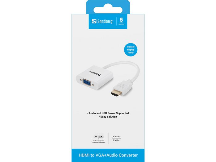 Sandberg Adaptador HDMI a VGA con Audio, Compatible con Alimentación USB