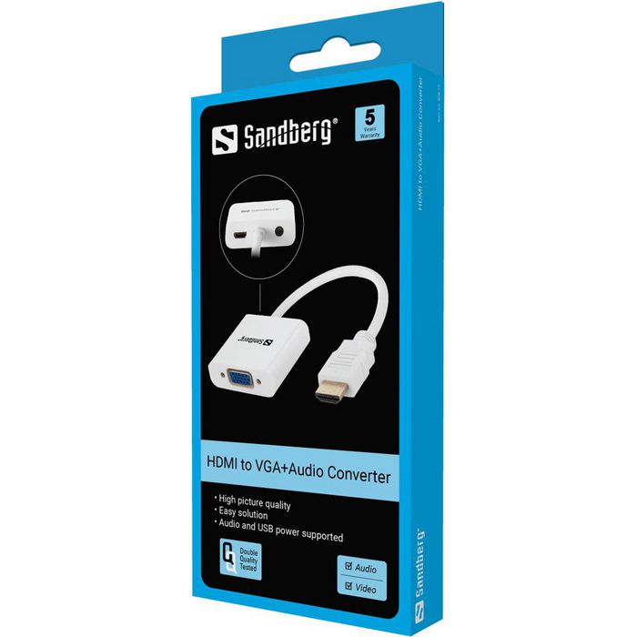 Sandberg Adaptador HDMI a VGA con Audio, Compatible con Alimentación USB