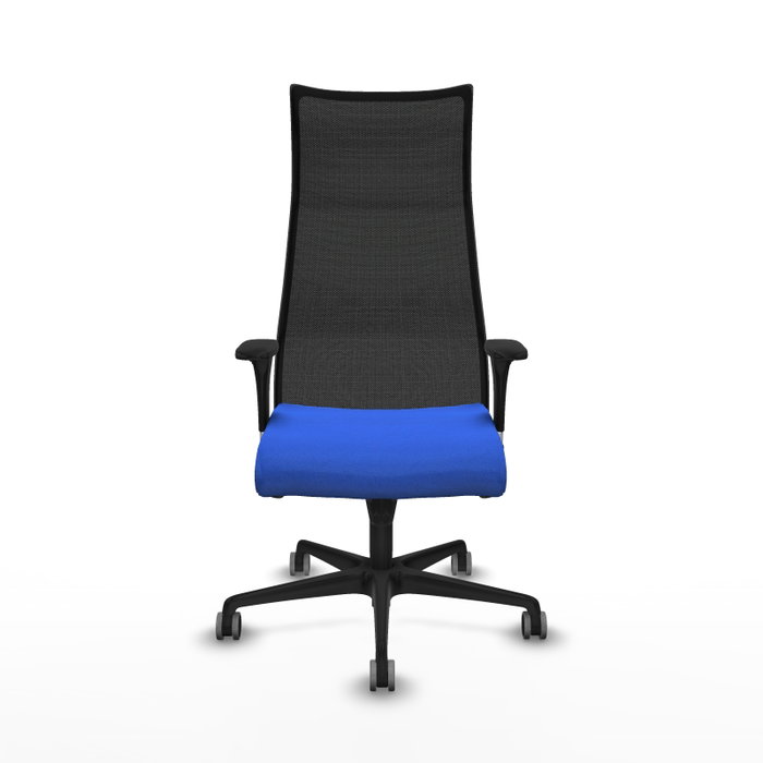 Sillón Albacete con mecanismo Sincro tapizada con Tela color Azul y malla color Negro. Equipado con Base nailon negra, Brazos 1D y Ruedas 65 mm parqué