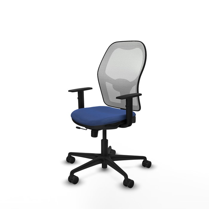 Silla de oficina Jorquera con mecanismo Sincro/Traslack tapizada con Tela color Azul marino y malla color Blanco. Equipada con lumbar 1D, Brazos 1D y Ruedas 65mm nailon