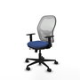 Silla de oficina Jorquera con mecanismo Sincro/Traslack tapizada con Tela color Azul marino y malla color Blanco. Equipada con lumbar 1D, Brazos 1D y Ruedas 65mm nailon
