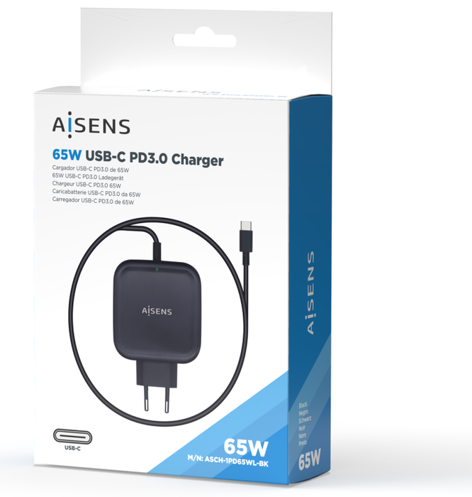 Aisens Cargador 65W USB-C PD3.0 QC3.0 Negro con Cable 1.2m Aisens Cargador 65W USB-C PD3.0 QC3.0 Negro con Cable 1.2m