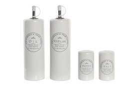DKD Home Decor Set de Aceitera y Vinagrera de 4 Piezas en Gres y Madera Blanco
