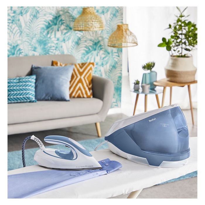 Tefal SV9202 Estación de Planchado a Vapor Express Protect, 2800W, 7.5 Bar, Vapor 130 g/min, Placa Durilium AirGlide Autoclean, Blanco/Azul