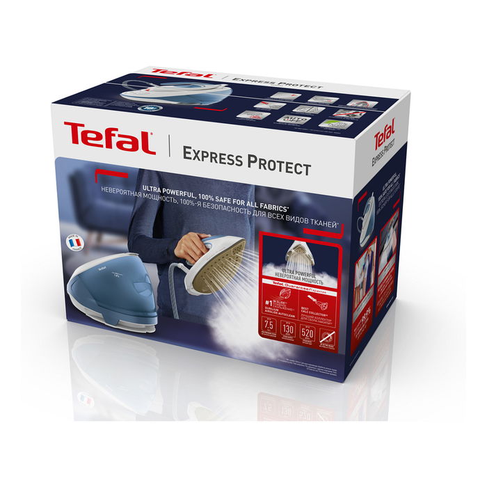 Tefal SV9202 Estación de Planchado a Vapor Express Protect, 2800W, 7.5 Bar, Vapor 130 g/min, Placa Durilium AirGlide Autoclean, Blanco/Azul