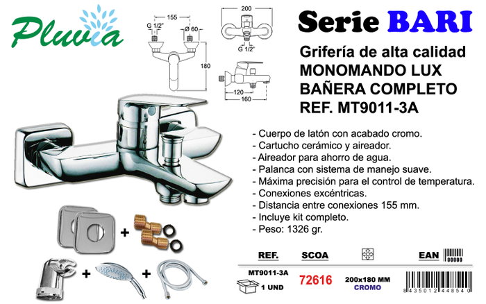 PLUVIA Bari Lux Grifo Monomando Completo para Bañera MT9011-3A