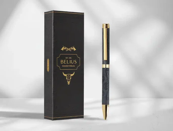 Belius Wild West Bolígrafo Aluminio Negro Dorado Tinta Azul Caja Diseño