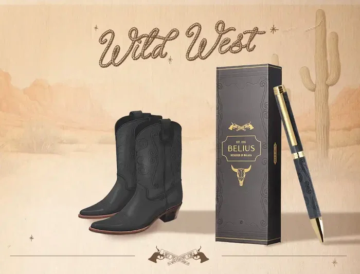 Belius Wild West Bolígrafo Aluminio Negro Dorado Tinta Azul Caja Diseño