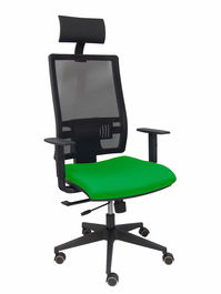 Silla de oficina Horna con mecanismo Sincro/Traslack tapizada con Tela color Verde y malla color Negro. Equipada con lumbar 1D, Brazos 1D, Cabecero Fijo y Ruedas de parqué
