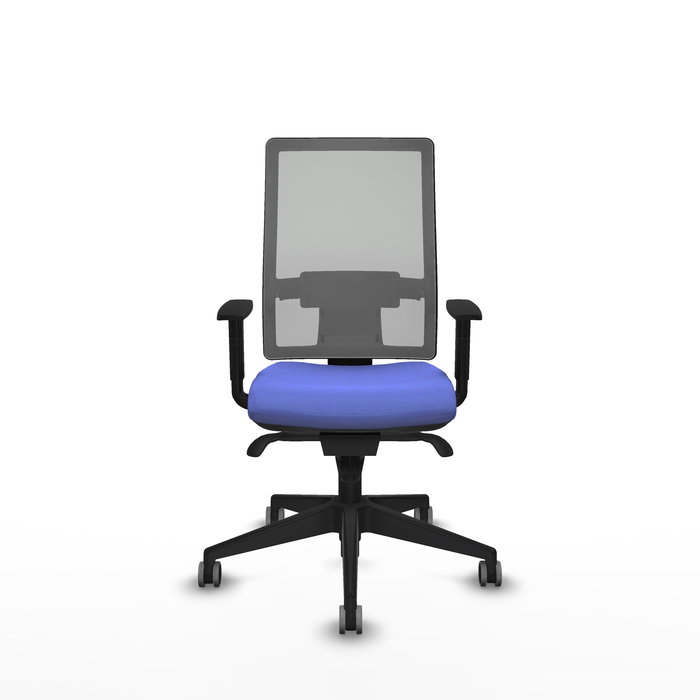 Silla de oficina Horna con mecanismo Sincro tapizada con Tela color Azul claro y malla color Gris. Equipada con lumbar 1D, Brazos 1D y Ruedas 65 mm parqué