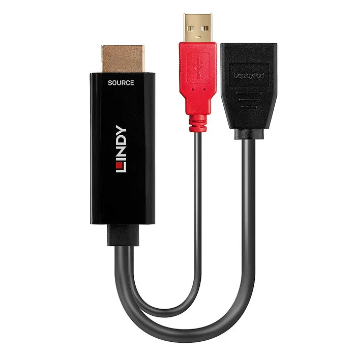 Lindy 38289 Convertidor HDMI a DisplayPort - 3840x2160 4K UHD, Ancho de Banda 21.6 Gbit/s, Audio 7.1 Canales, USB Powered, Cable 0.18m