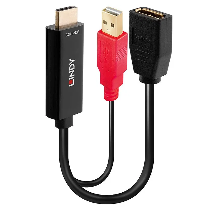 Lindy 38289 Convertidor HDMI a DisplayPort - 3840x2160 4K UHD, Ancho de Banda 21.6 Gbit/s, Audio 7.1 Canales, USB Powered, Cable 0.18m
