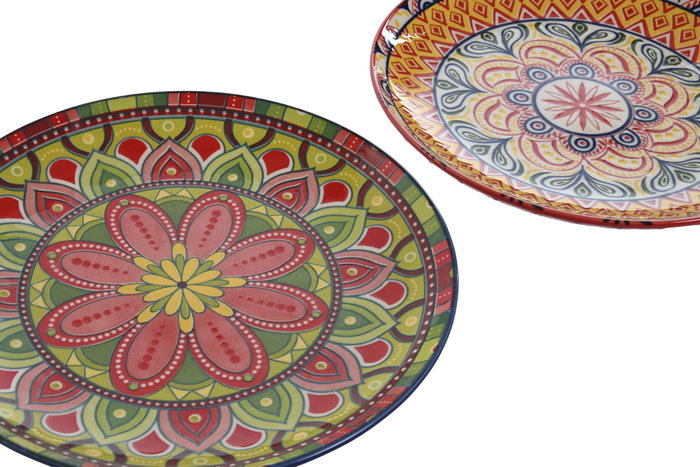 DKD Home Decor Platos de Gres Mandala Multicolor Surtido de 2 Diseños (Pack de 4) inevitablemente diseñado para su uso diario con estilo moderno y folk.