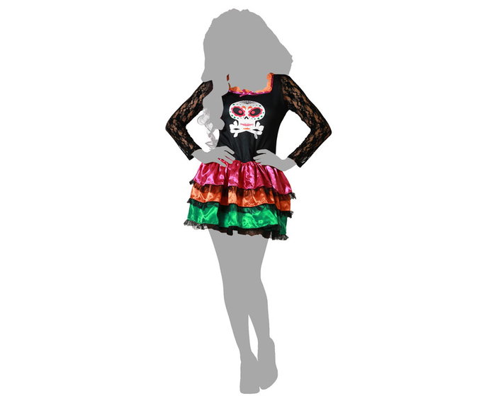 Disfraz Vestido Mujer Adulta XS-S Negro Estampado Calavera, Volantes Multicolor, Halloween, Día de los Muertos Disfraz Vestido Mujer Adulta XS-S Negro Estampado Calavera, Volantes Multicolor, Halloween, Día de los Muertos