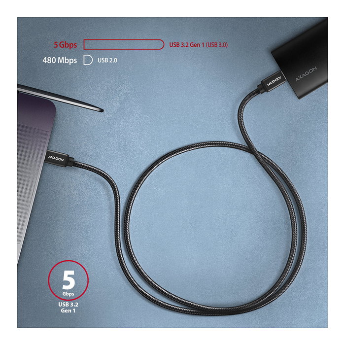 Axagon Cable USB-C 3.2 Gen 1 a USB-C 3.2 Gen 1, 2m, negro