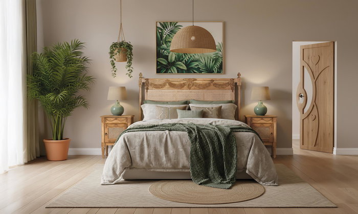 GINER Y COLOMER - Cabecero de Madera Maciza de Teca con Panel de Rejilla Trenzada, Diseño Clásico con Tallados, 174 cm de Ancho GINER Y COLOMER - Cabecero de Madera Maciza de Teca con Panel de Rejilla Trenzada, Diseño Clásico con Tallados, 174 cm de Ancho