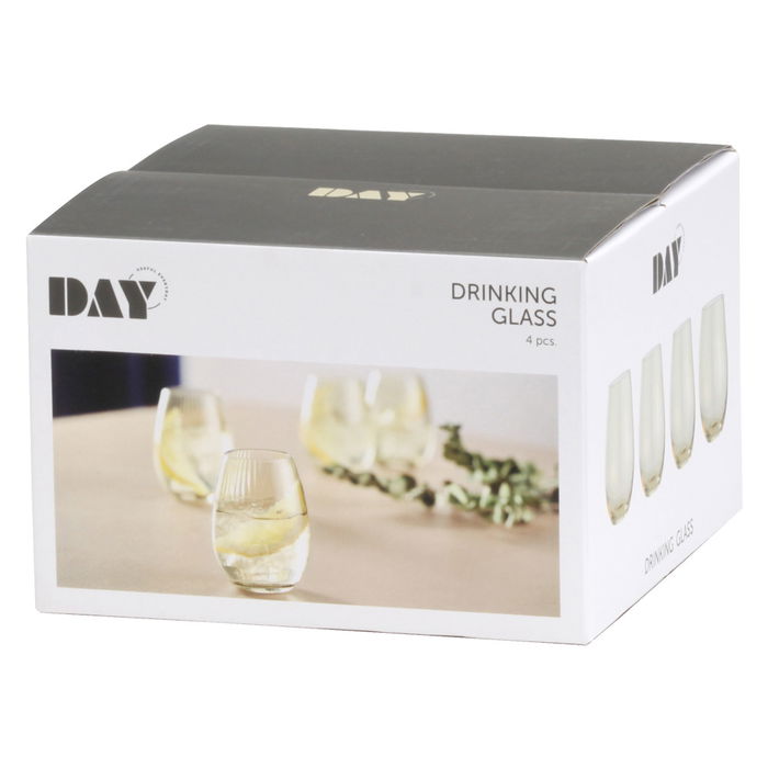 Day Juego de 4 Vasos de Vidrio 350 ml con Superficie a Rayas, Colores Surtidos (Amarillo Arena, Arena Natural, Verde Musgo)