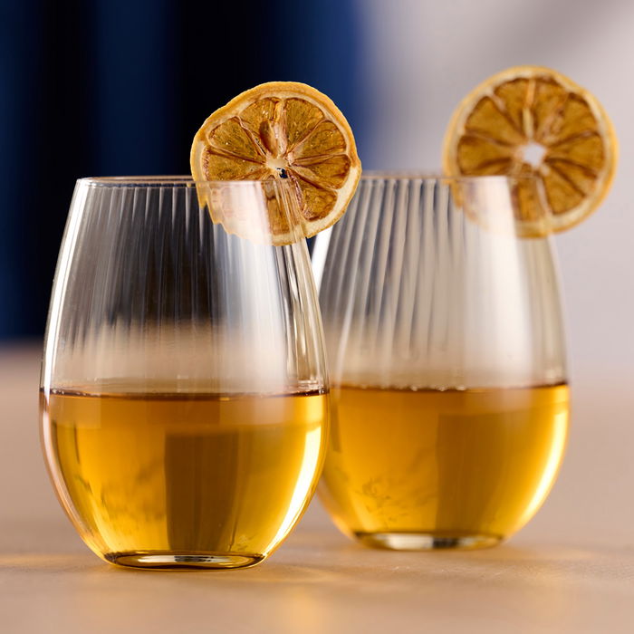 Day Juego de 4 Vasos de Vidrio 350 ml con Superficie a Rayas, Colores Surtidos (Amarillo Arena, Arena Natural, Verde Musgo)