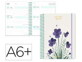 Liderpapel Agenda Escolar 2026-2027 Fantasy Flowers A6+ Semana Vista, Espiral, Papel FSC 80g, Bilingüe, Blanca