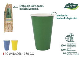 Algon Set 10 Vasos de Cartón Multicolor 330 cc (8 cm x 12 cm x 8 cm) (20 Unidades)
