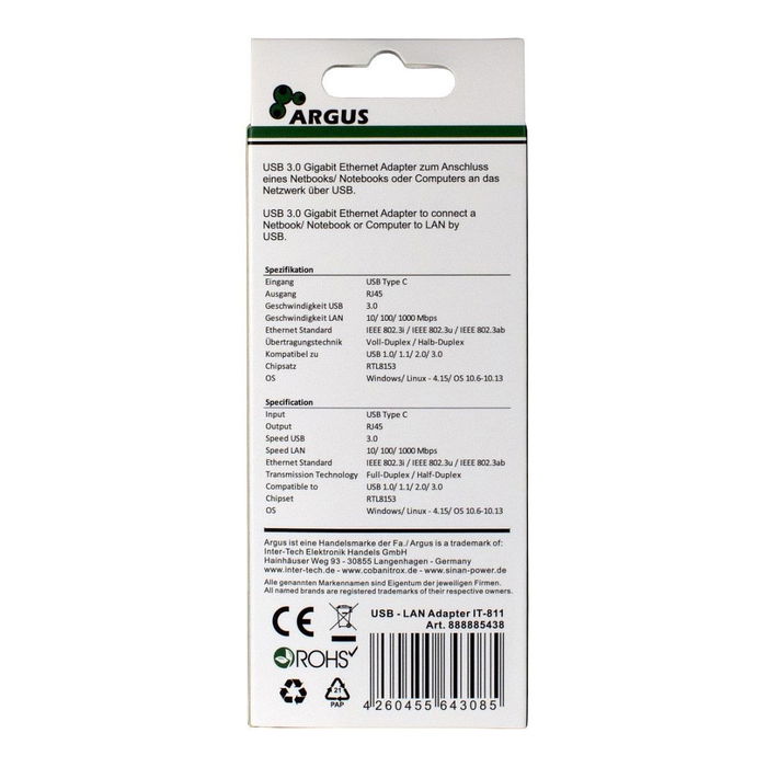 Inter-Tech ARGUS IT-811 Adaptador USB-C a Gigabit Lan RJ45 1000 MBit/s Negro